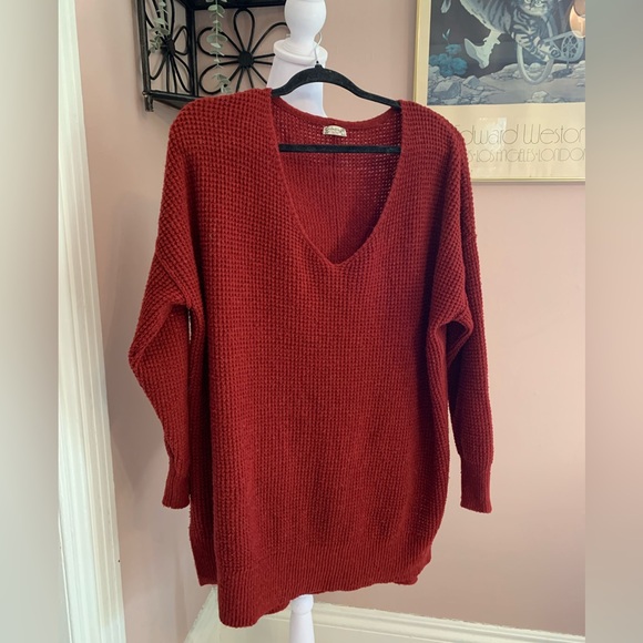 Free People Sweaters - Free People Red V-Neck Sweater tunic oversized Small cozy soft everyday